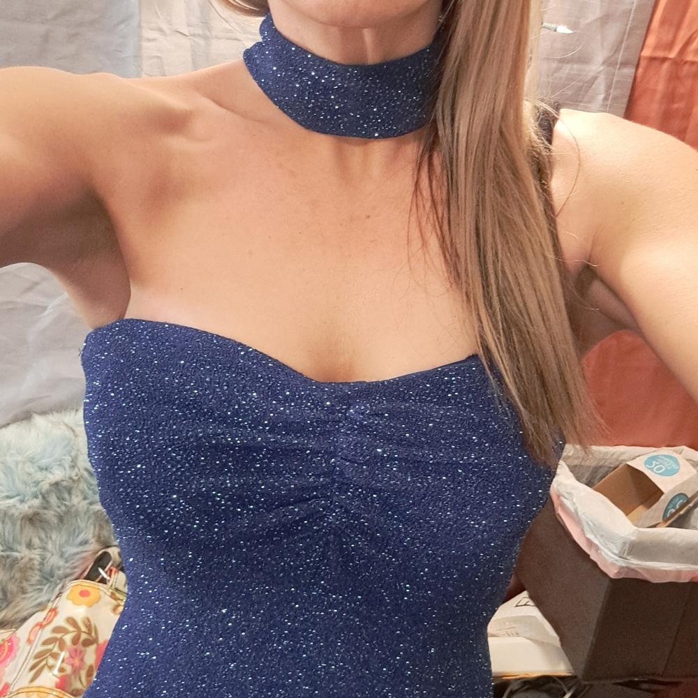 VINTAGE Y2K Jessica McClintock Royal Blue Glitter Formal Halter Dress Size9